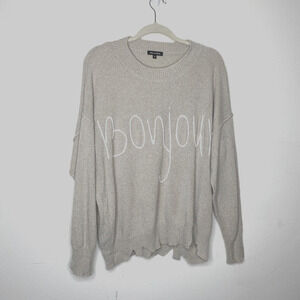 William B Taupe Bonjour Embroidered Oversize Distressed Sweater Long Sleeve S